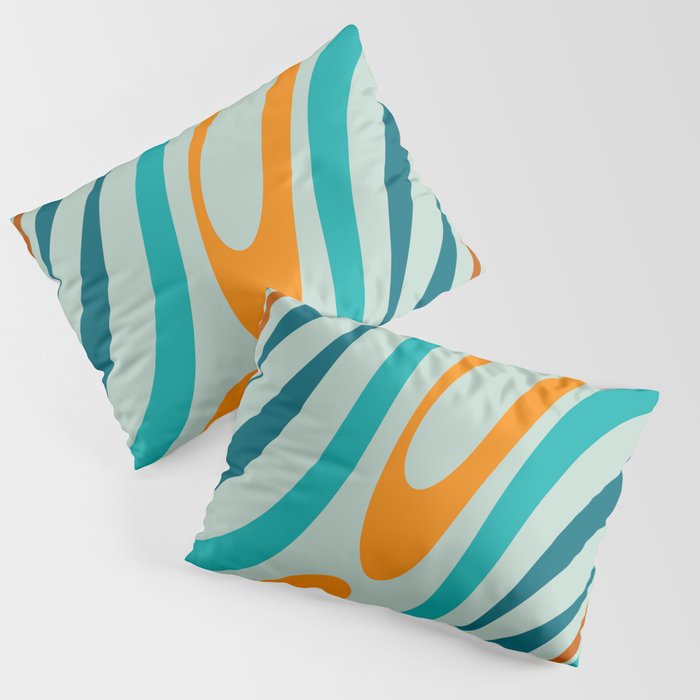 Wavy Loops Retro Abstract Pattern in Teal Aqua Orange Pillow Sham Gallery Image 3