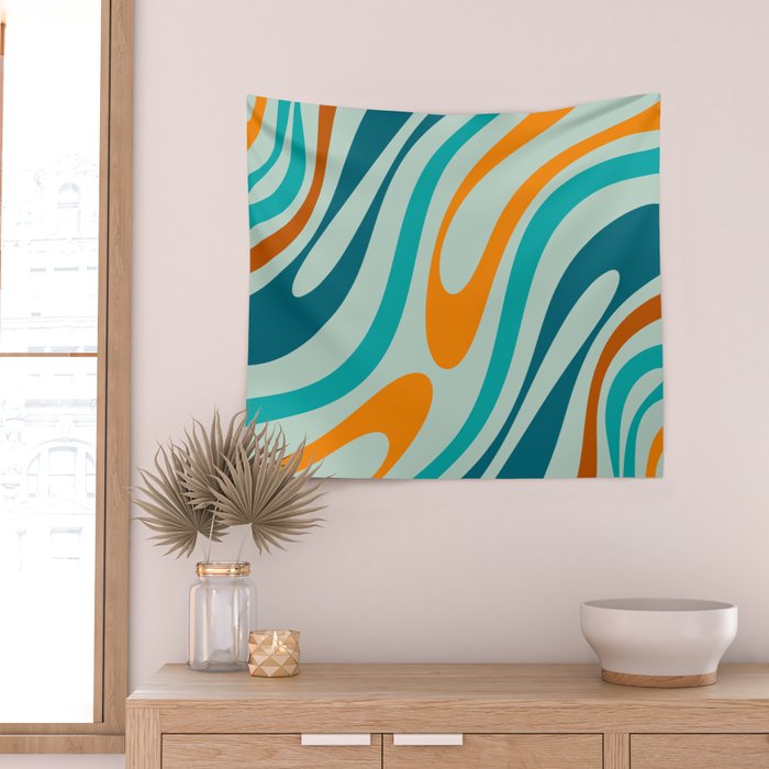 Wavy Loops Retro Abstract Pattern in Teal Aqua Orange Wall Tapestry Gallery Image 2