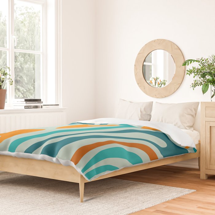 Wavy Loops Retro Abstract Pattern in Teal Aqua Orange Duvet Cover Gallery Image 2