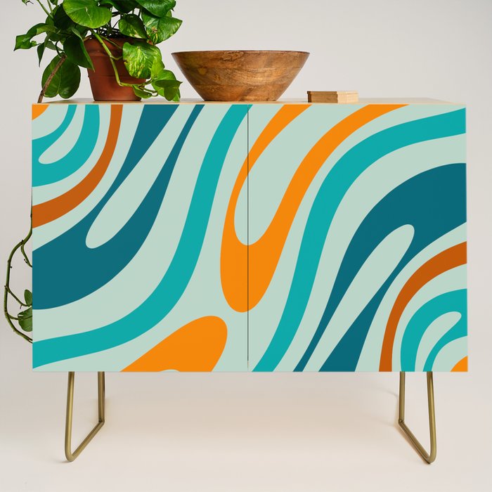 Wavy Loops Retro Abstract Pattern in Teal Aqua Orange Credenza Gallery Image 1