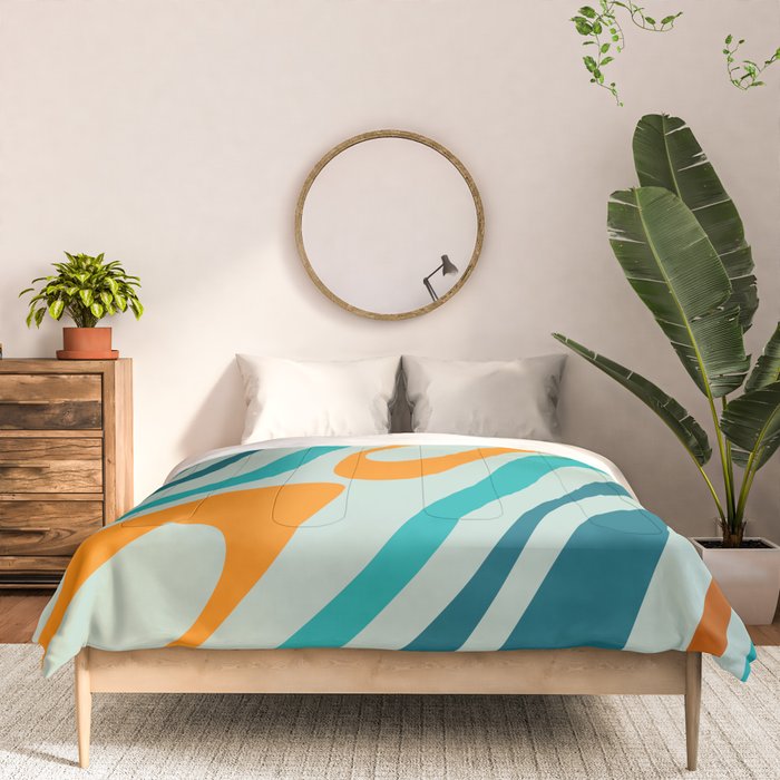 Wavy Loops Retro Abstract Pattern in Teal Aqua Orange Comforter Gallery Image 3