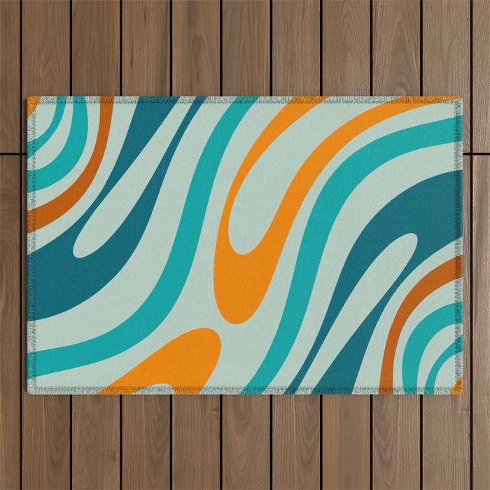 Wavy Loops Retro Abstract Pattern in Teal Aqua Orange Outdoor Rug Gallery Image 1