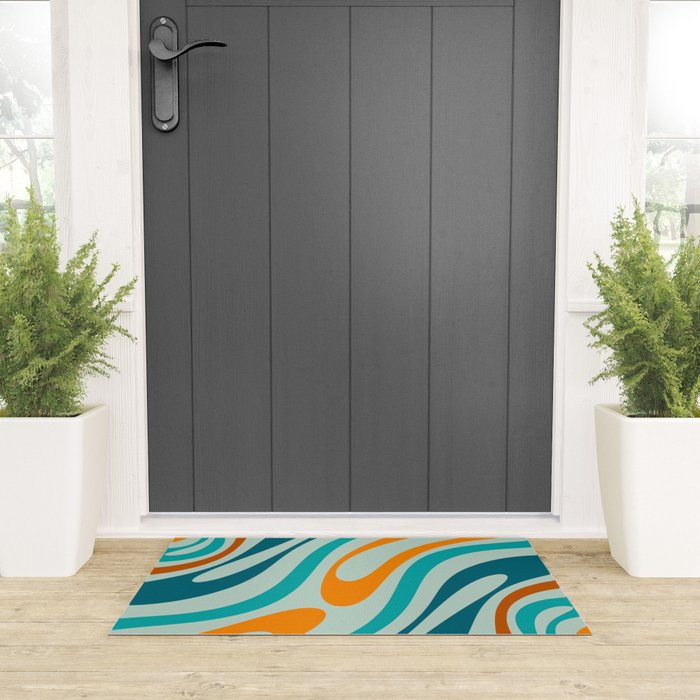 Wavy Loops Retro Abstract Pattern in Teal Aqua Orange Welcome Mat Gallery Image 3