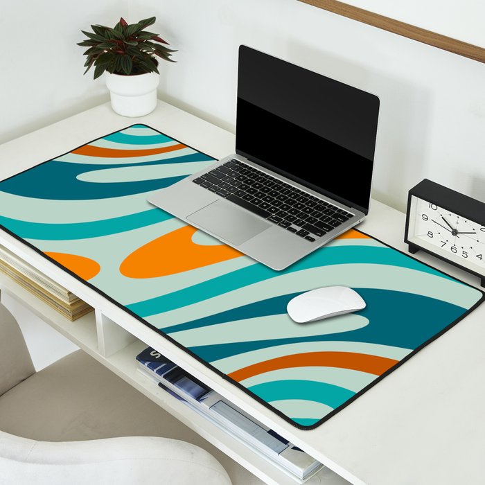 Wavy Loops Retro Abstract Pattern in Teal Aqua Orange Desk Mat Gallery Image 2