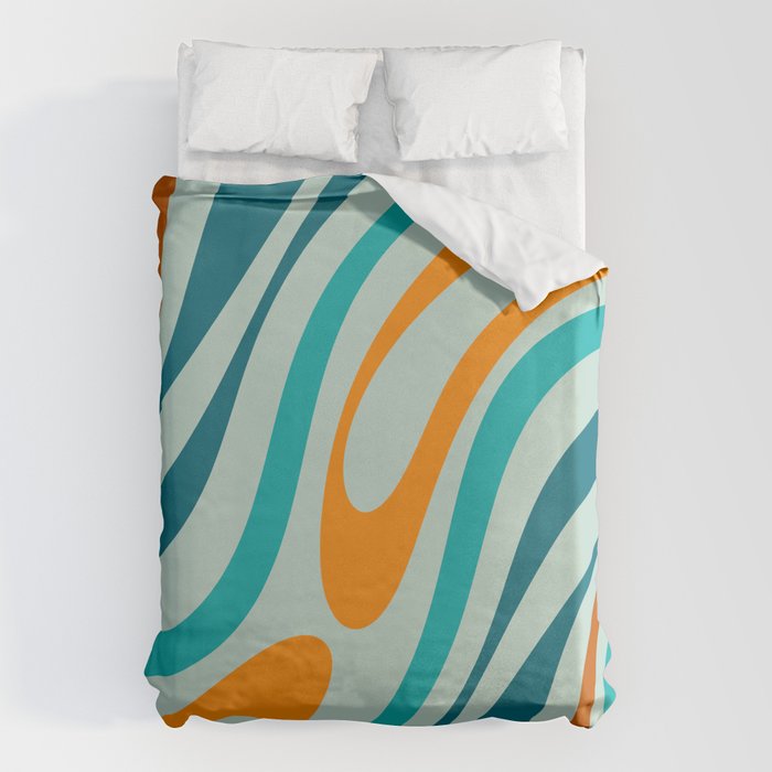 Wavy Loops Retro Abstract Pattern in Teal Aqua Orange Duvet Cover Gallery Image 1