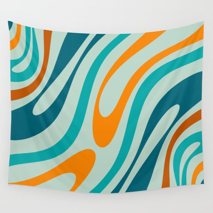 Wavy Loops Retro Abstract Pattern in Teal Aqua Orange Wall Tapestry Gallery Image 4