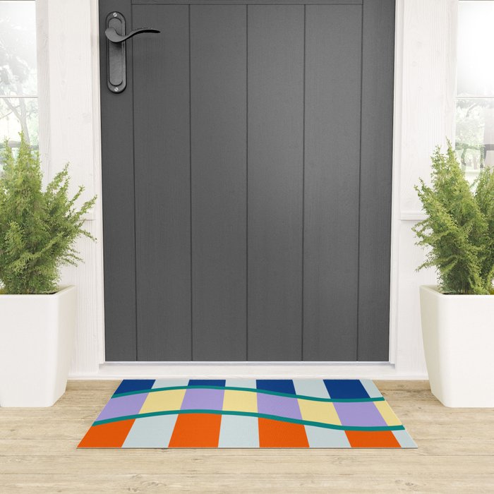 Wavy Stripe Abstract Art  Colorful Geometric Flow in Orange Blue Lilac and Teal Welcome Mat Gallery Image 3