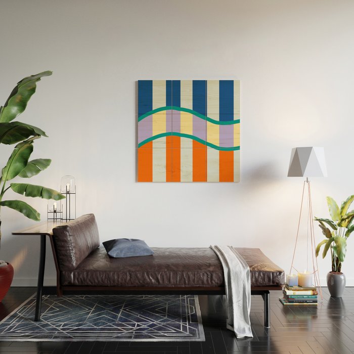 Wavy Stripe Abstract Art  Colorful Geometric Flow in Orange Blue Lilac and Teal Wood Wall Art Gallery Image 2