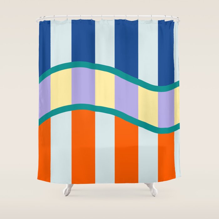 Wavy Stripe Abstract Art  Colorful Geometric Flow in Orange Blue Lilac and Teal Shower Curtain Gallery Image 1