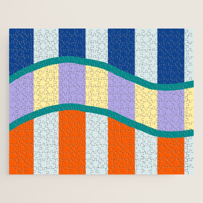 Wavy Stripe Abstract Art  Colorful Geometric Flow in Orange Blue Lilac and Teal Jigsaw Puzzle Gallery Image 1