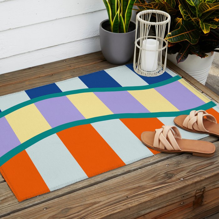 Wavy Stripe Abstract Art  Colorful Geometric Flow in Orange Blue Lilac and Teal Outdoor Rug Gallery Image 2