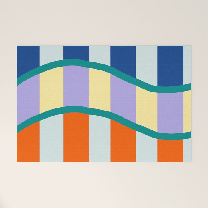 Wavy Stripe Abstract Art  Colorful Geometric Flow in Orange Blue Lilac and Teal Welcome Mat Gallery Image 1