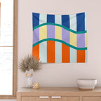 Wavy Stripe Abstract Art  Colorful Geometric Flow in Orange Blue Lilac and Teal Wall Tapestry Gallery Image 2