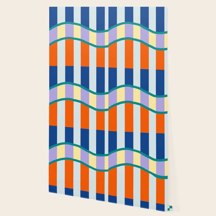 Wavy Stripe Abstract Art  Colorful Geometric Flow in Orange Blue Lilac and Teal Wallpaper Gallery Image 2