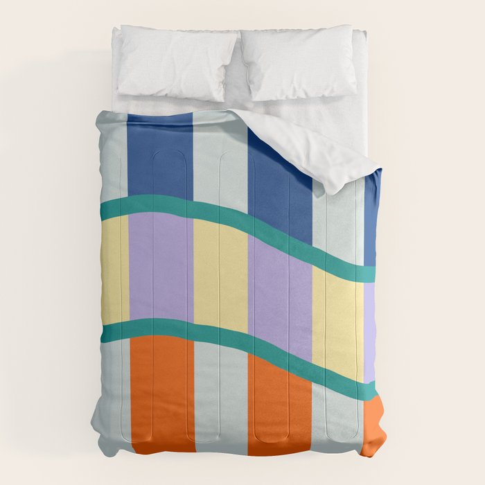 Wavy Stripe Abstract Art  Colorful Geometric Flow in Orange Blue Lilac and Teal Comforter Gallery Image 1