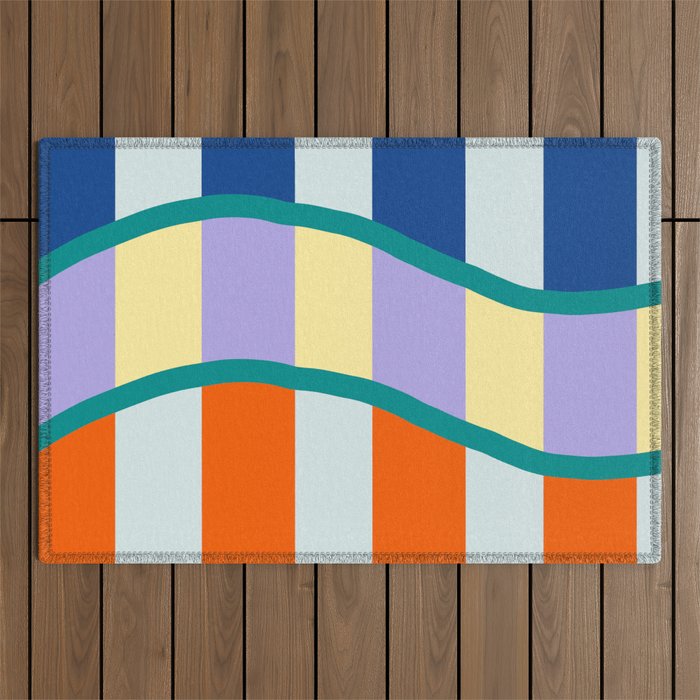 Wavy Stripe Abstract Art  Colorful Geometric Flow in Orange Blue Lilac and Teal Outdoor Rug Gallery Image 1