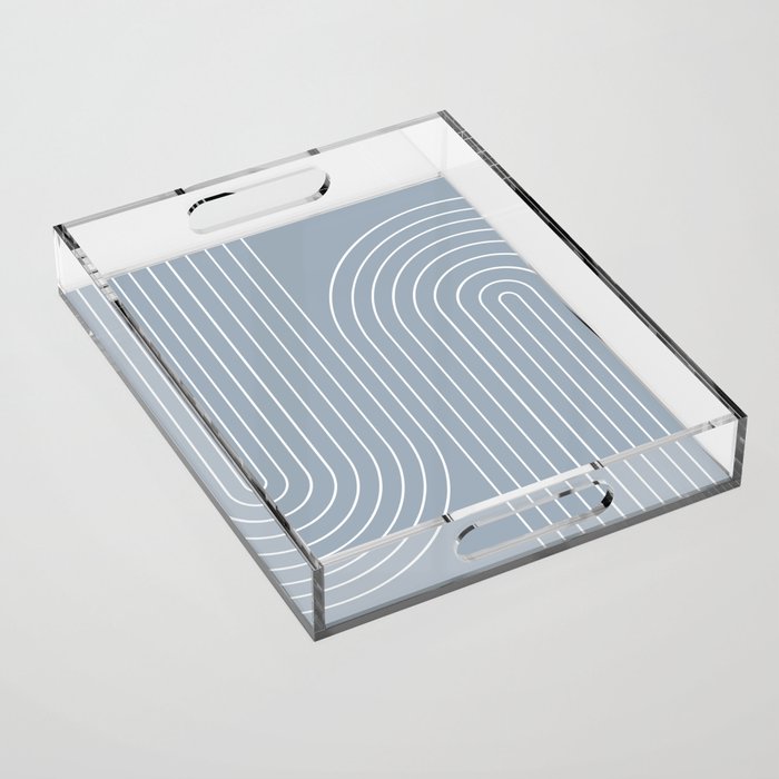 Minimal Line Curvature LXXVII Natural Blue Mid Century Modern Arch Abstract Acrylic Tray Gallery Image 1