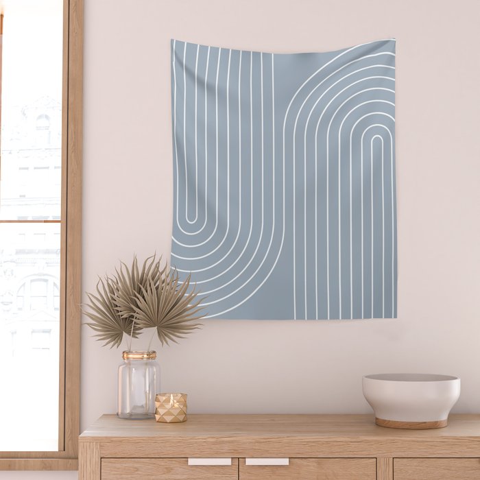 Minimal Line Curvature LXXVII Natural Blue Mid Century Modern Arch Abstract Wall Tapestry Gallery Image 2