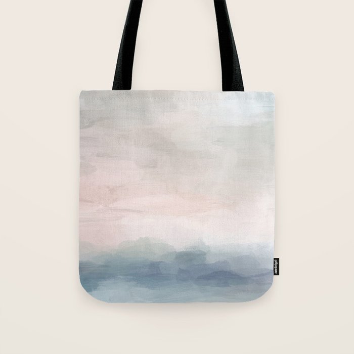 Atlantic Ocean Sunrise II - Blush Pink Mint Sky Baby Blue Abstract Sky, Water Clouds Painting Tote Bag Gallery Image 1