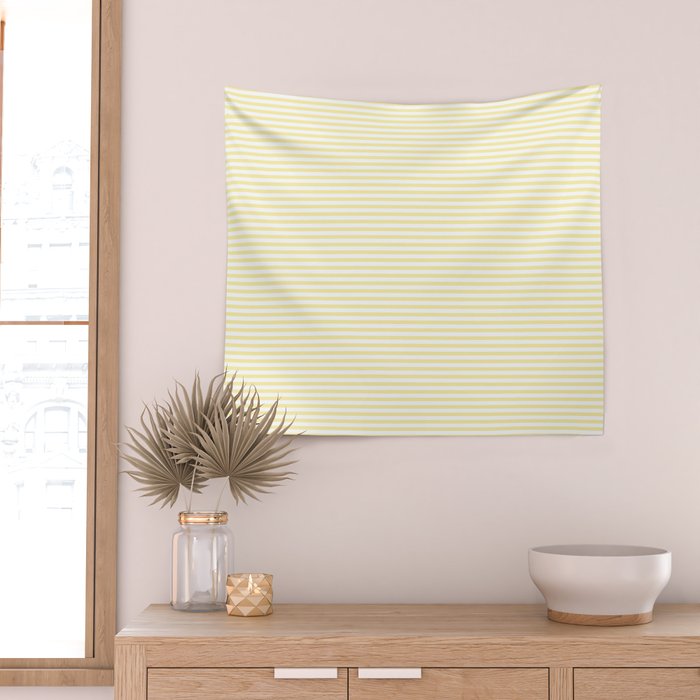 Fine Stripes Narrow Stripe Pattern in Light Butter Yellow and White Wall Tapestry Gallery Image 2