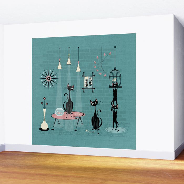 Mid Century Kitty Mischief - ©studioxtine Wall Mural Gallery Image 2