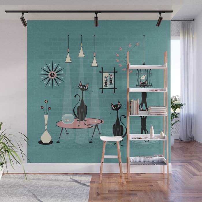 Mid Century Kitty Mischief - ©studioxtine Wall Mural Gallery Image 1