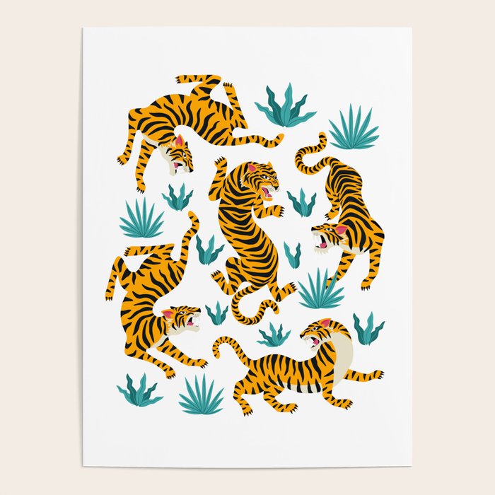 Asian tigers and tropic plants on background. Poster Gallery Image 4