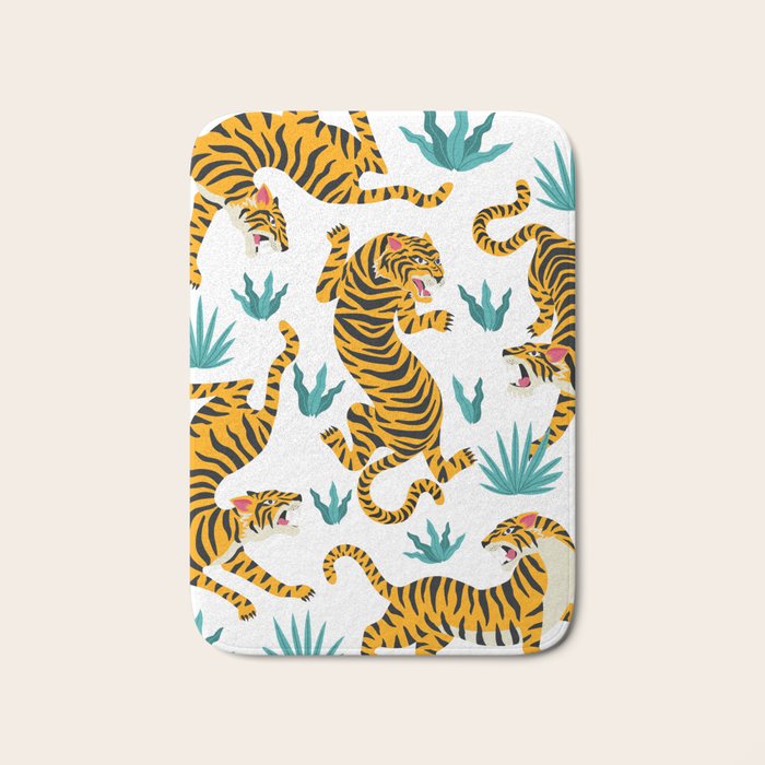 Asian tigers and tropic plants on background. Bath Mat Gallery Image 1