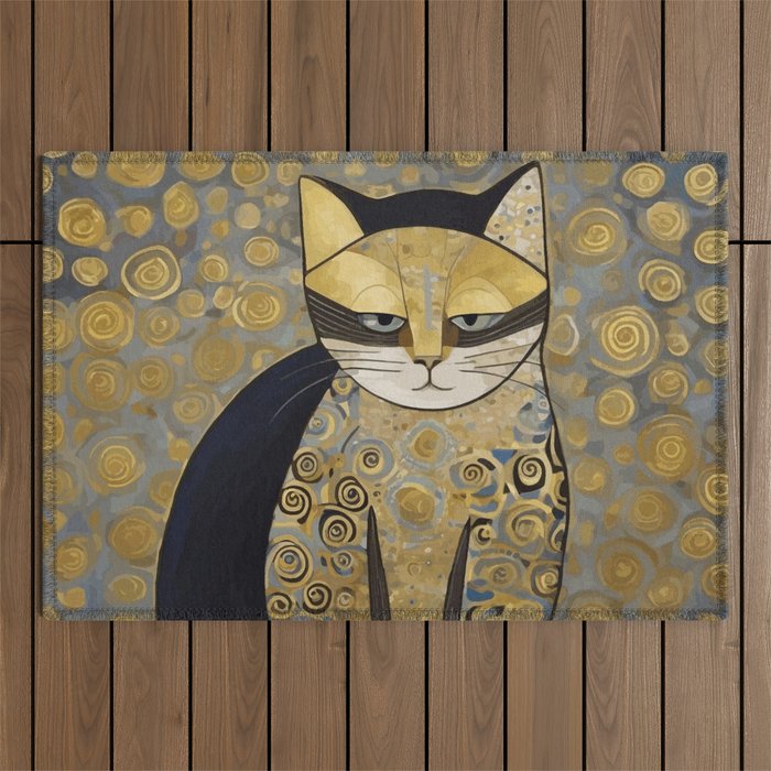 Klimt Black Cat Masked Bandit with Three Paws Outdoor Rug Gallery Image 1