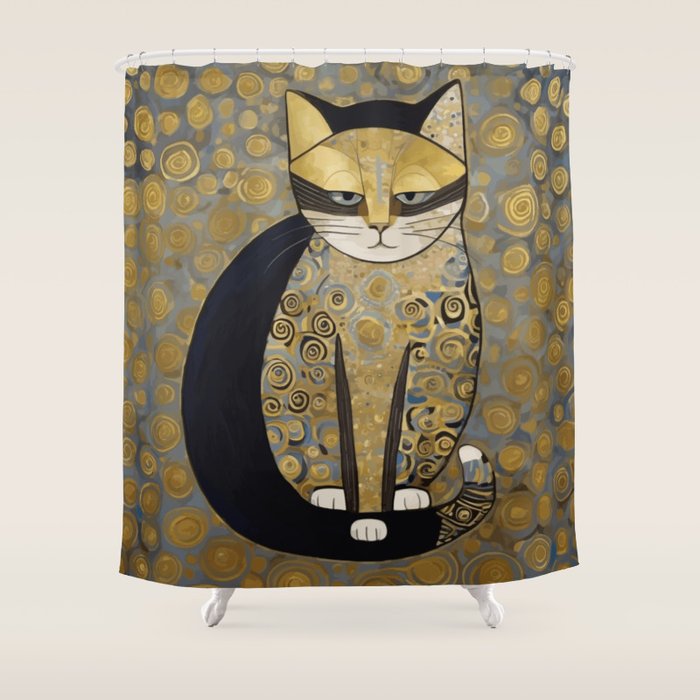 Klimt Black Cat Masked Bandit with Three Paws Shower Curtain Gallery Image 1