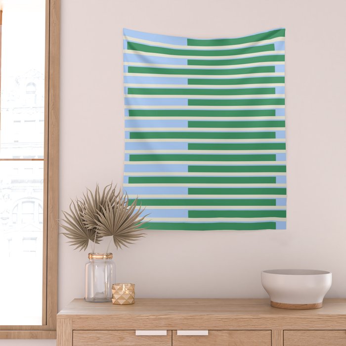 Minimalist Striped Pattern in Blue and Green Wall Tapestry Gallery Image 2