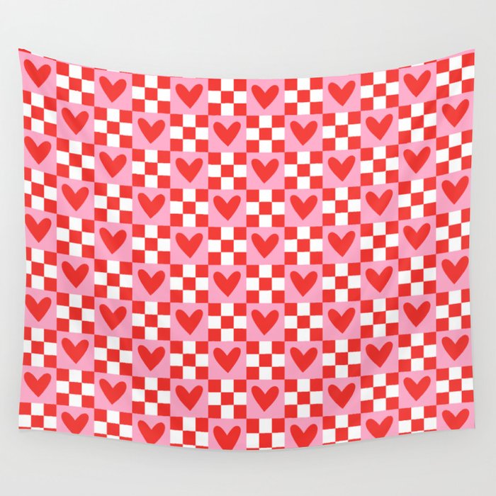Red love heart checkered pattern Wall Tapestry Gallery Image 4