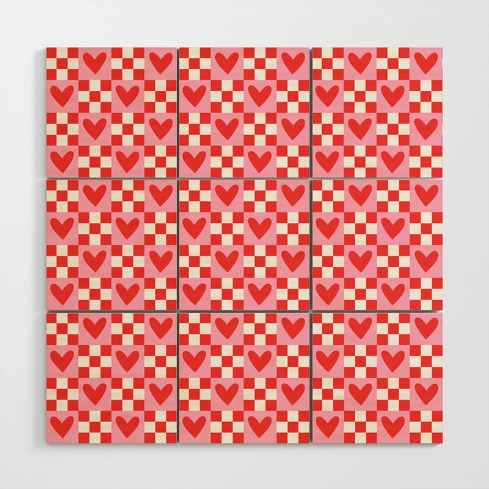 Red love heart checkered pattern Wood Wall Art Gallery Image 1