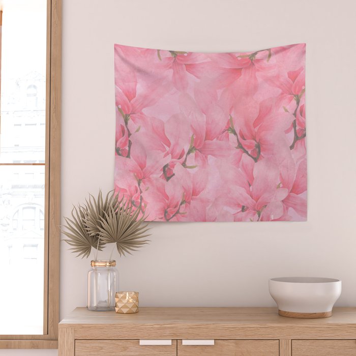 Blush pink green watercolor orchids flowers  Wall Tapestry Gallery Image 2