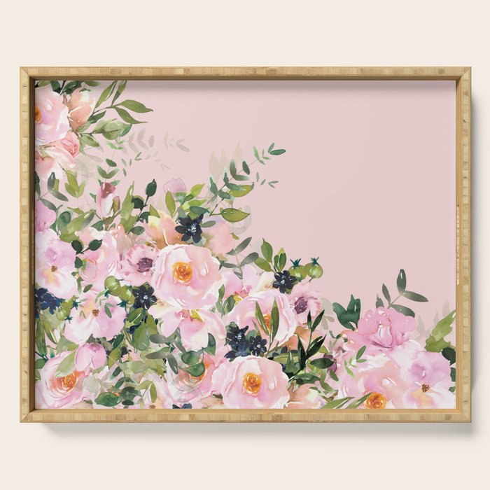 Boho, Vintage, Floral Watercolor, Pink Roses Serving Tray Gallery Image 1