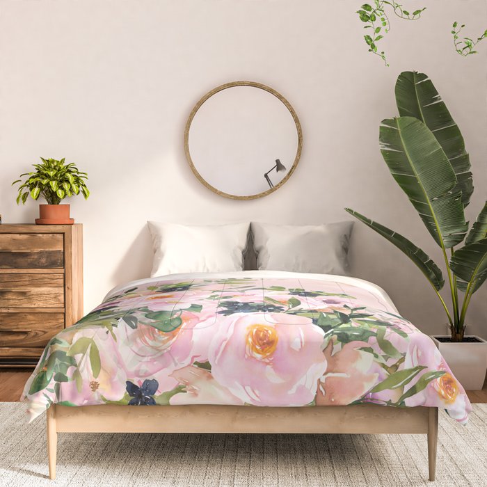 Boho, Vintage, Floral Watercolor, Pink Roses Comforter Gallery Image 3