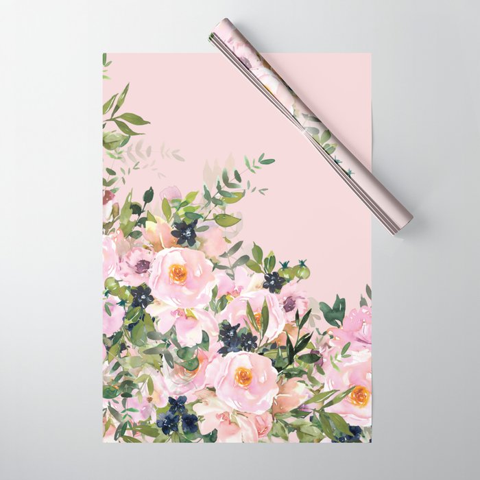 Boho, Vintage, Floral Watercolor, Pink Roses Wrapping Paper Gallery Image 1