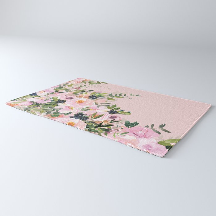 Boho, Vintage, Floral Watercolor, Pink Roses Rug Gallery Image 3