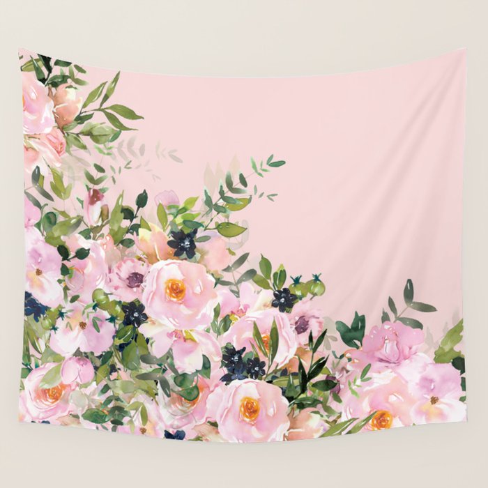 Boho, Vintage, Floral Watercolor, Pink Roses Wall Tapestry Gallery Image 1