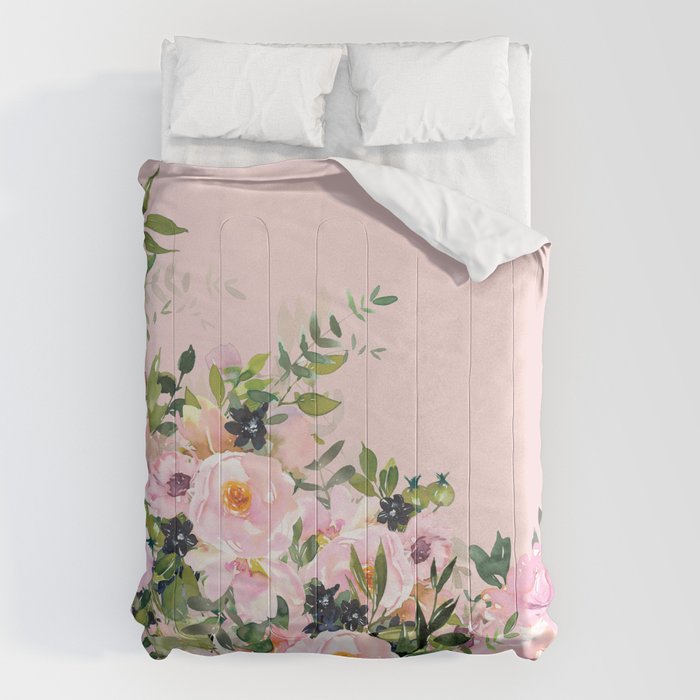 Boho, Vintage, Floral Watercolor, Pink Roses Comforter Gallery Image 1