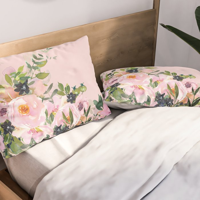 Boho, Vintage, Floral Watercolor, Pink Roses Pillow Sham Gallery Image 2