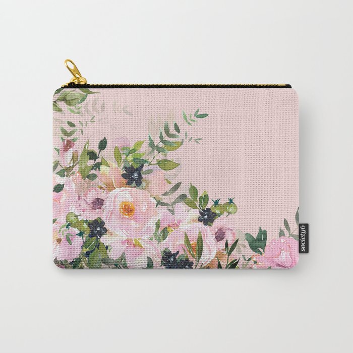 Boho, Vintage, Floral Watercolor, Pink Roses Carry All Pouch Gallery Image 1
