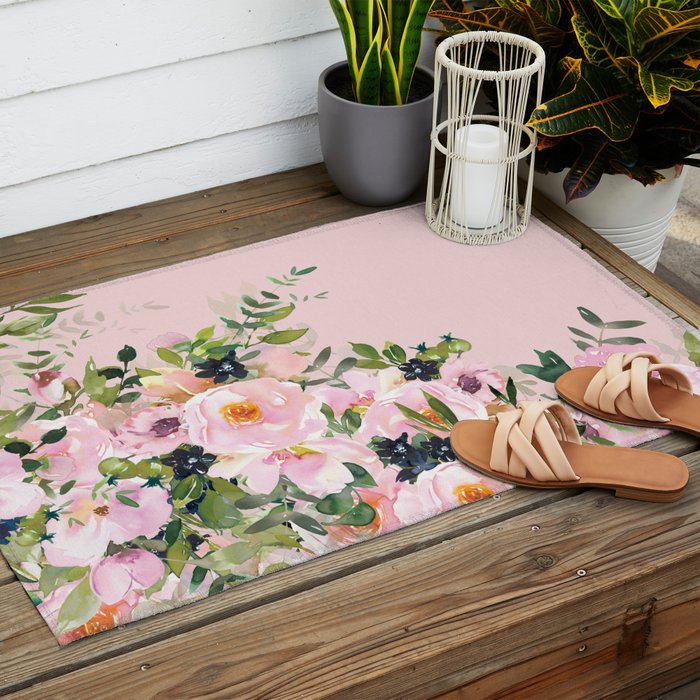 Boho, Vintage, Floral Watercolor, Pink Roses Outdoor Rug Gallery Image 2