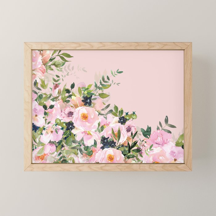 Boho, Vintage, Floral Watercolor, Pink Roses Mini Art Print Gallery Image 1