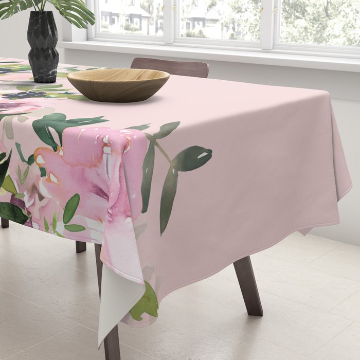Boho, Vintage, Floral Watercolor, Pink Roses Tablecloth Gallery Image 3