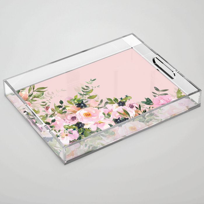 Boho, Vintage, Floral Watercolor, Pink Roses Acrylic Tray Gallery Image 1