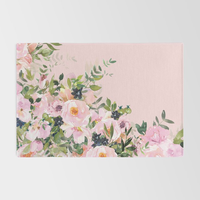 Boho, Vintage, Floral Watercolor, Pink Roses Rug Gallery Image 2