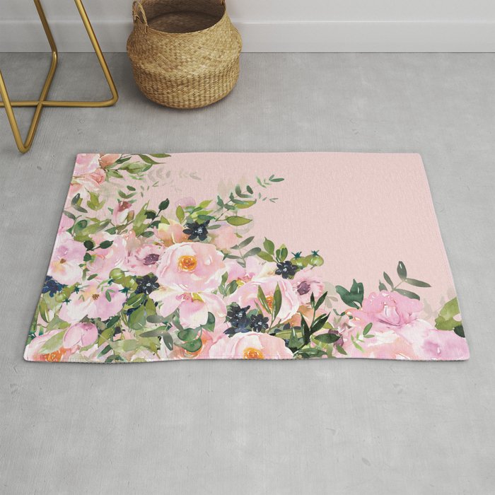 Boho, Vintage, Floral Watercolor, Pink Roses Rug Gallery Image 1