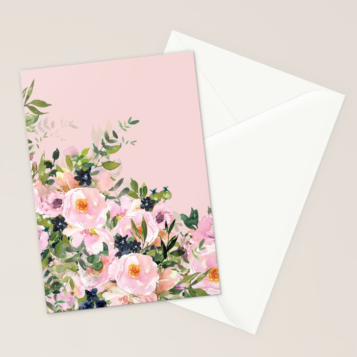Boho, Vintage, Floral Watercolor, Pink Roses Stationery Card Gallery Image 2