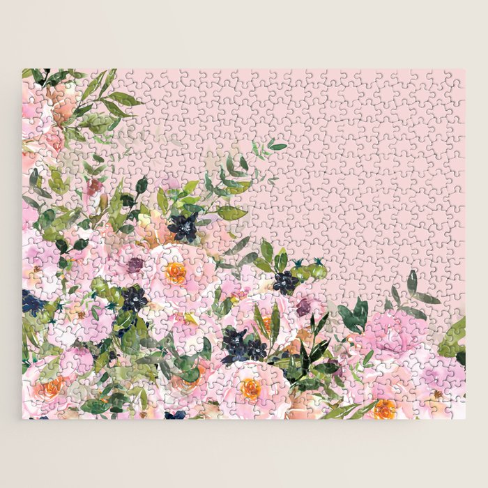 Boho, Vintage, Floral Watercolor, Pink Roses Jigsaw Puzzle Gallery Image 1